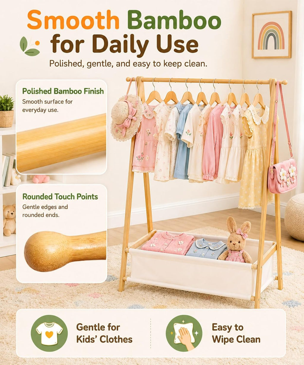 Homde Kids Bamboo Clothes Rack with Storage Bag and Side Hooks-Homde