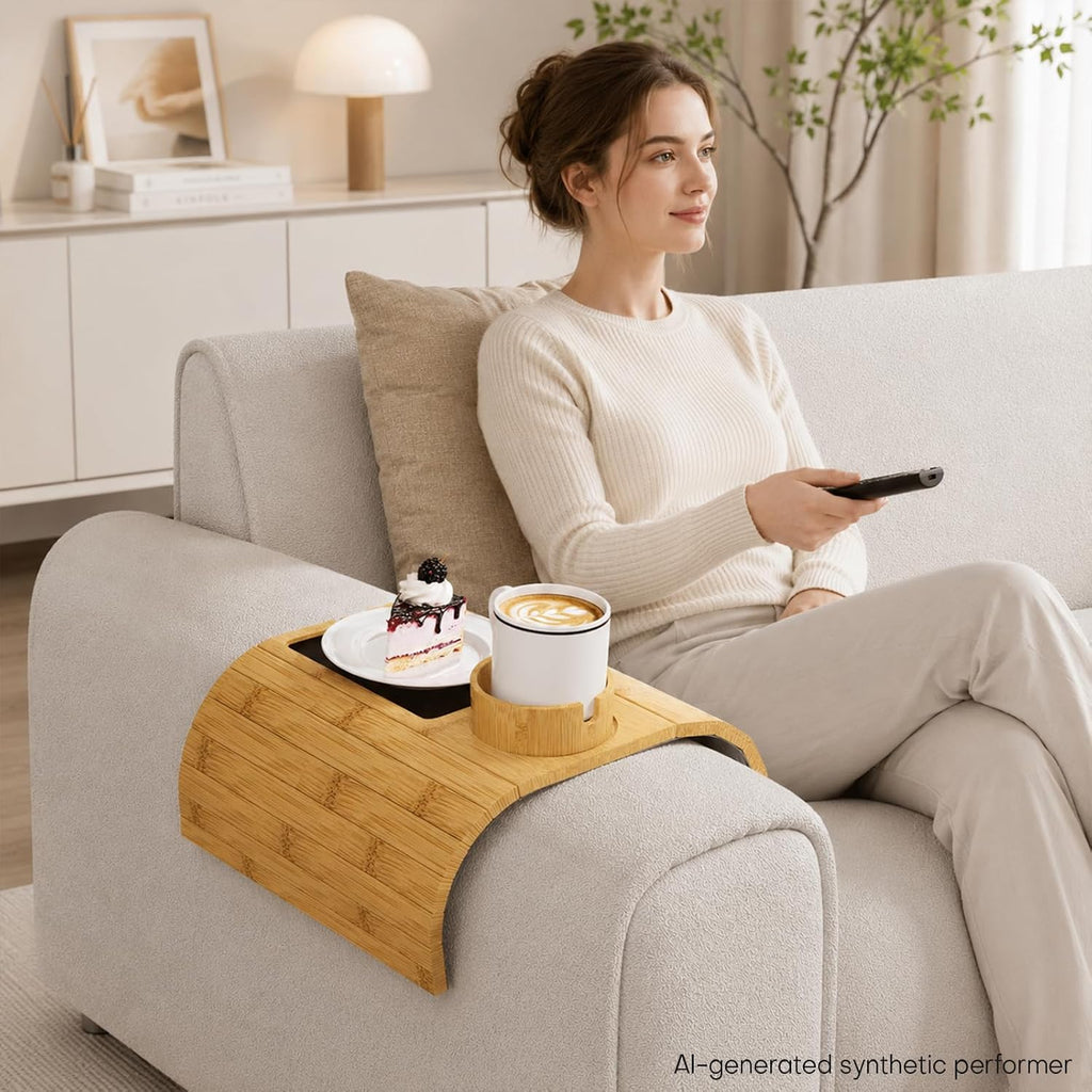 Homde Bamboo Couch Cup Holder Tray with 360° Rotating Cup Holder-Homde