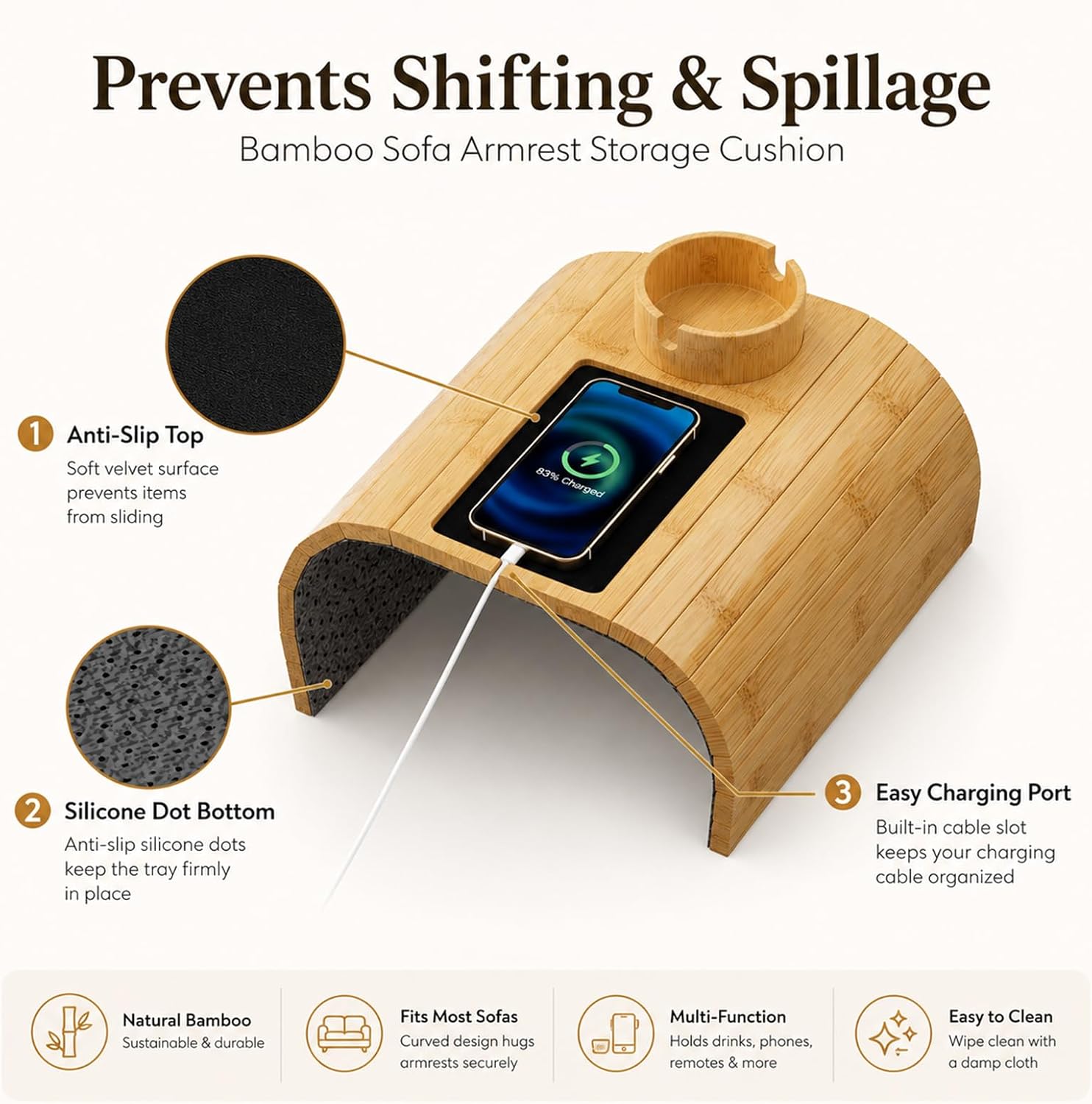 Homde Bamboo Couch Cup Holder Tray with 360° Rotating Cup Holder-Homde