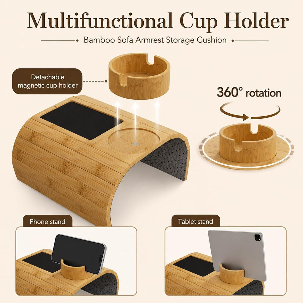 Homde Bamboo Couch Cup Holder Tray with 360° Rotating Cup Holder-Homde