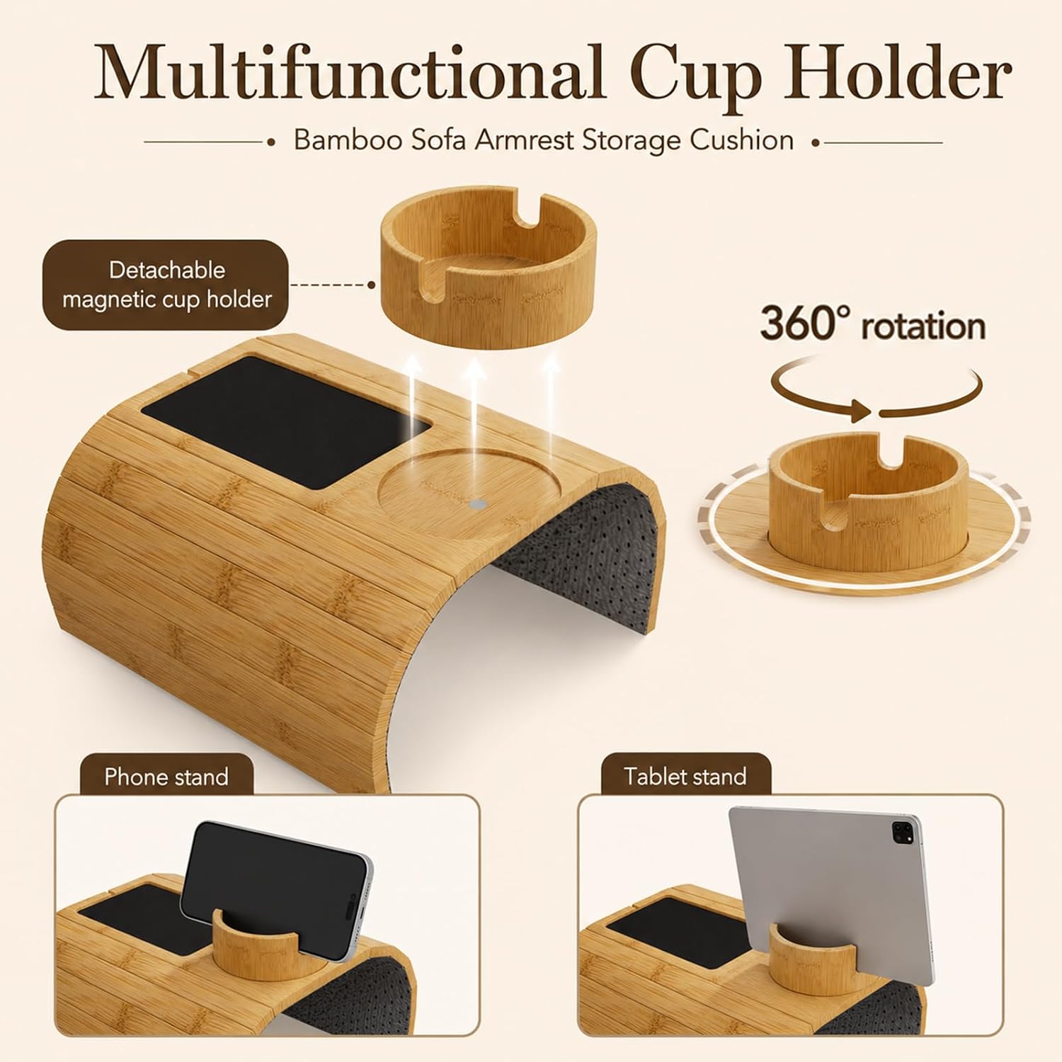 Homde Bamboo Couch Cup Holder Tray with 360° Rotating Cup Holder-Homde