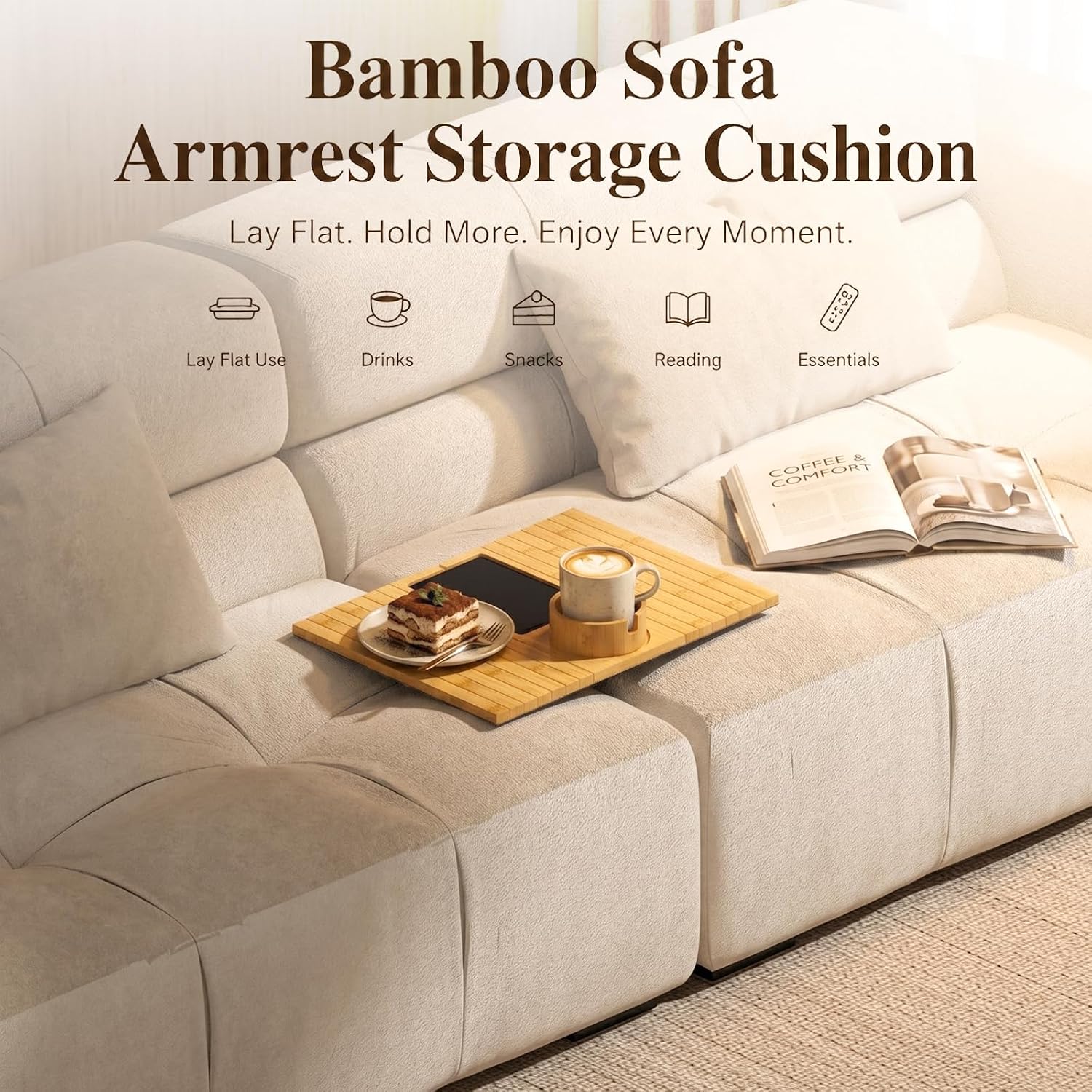 Homde Bamboo Couch Cup Holder Tray with 360° Rotating Cup Holder-Homde