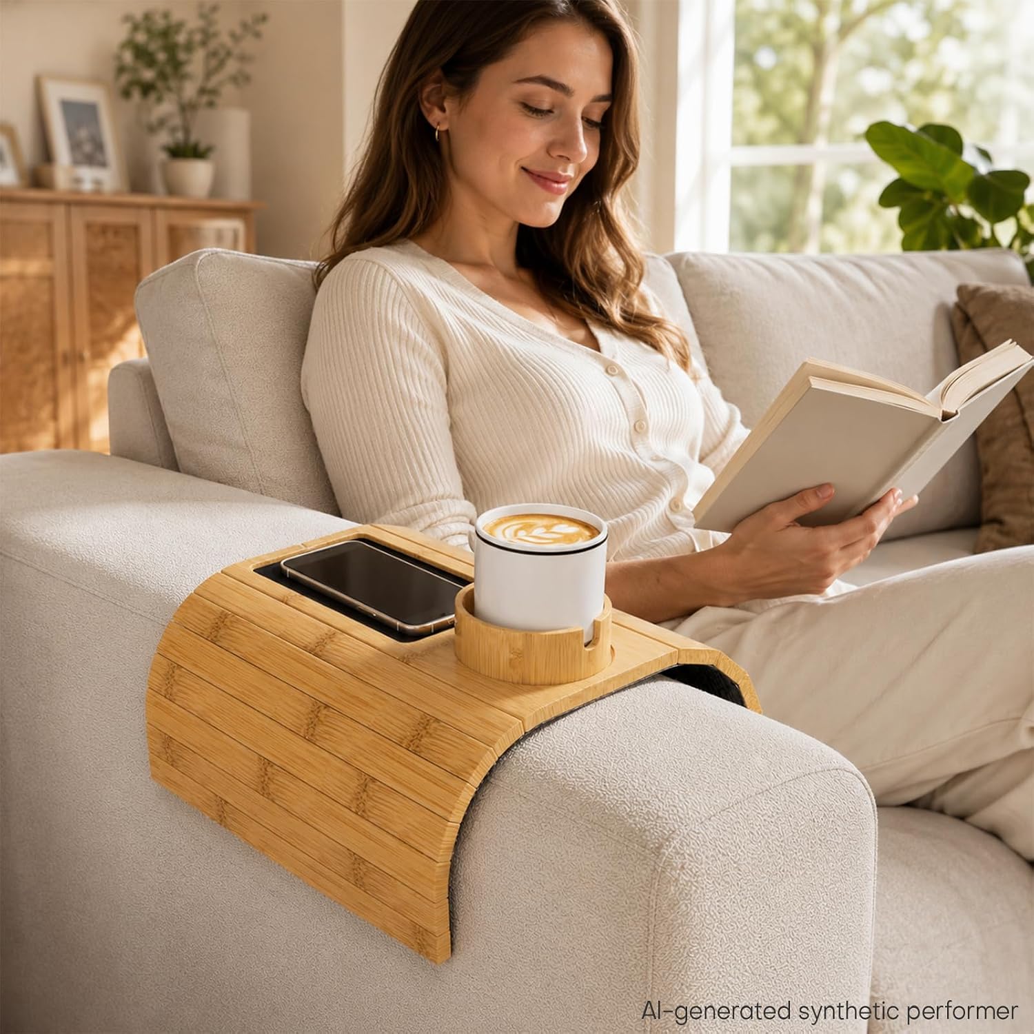Homde Bamboo Couch Cup Holder Tray with 360° Rotating Cup Holder-Homde