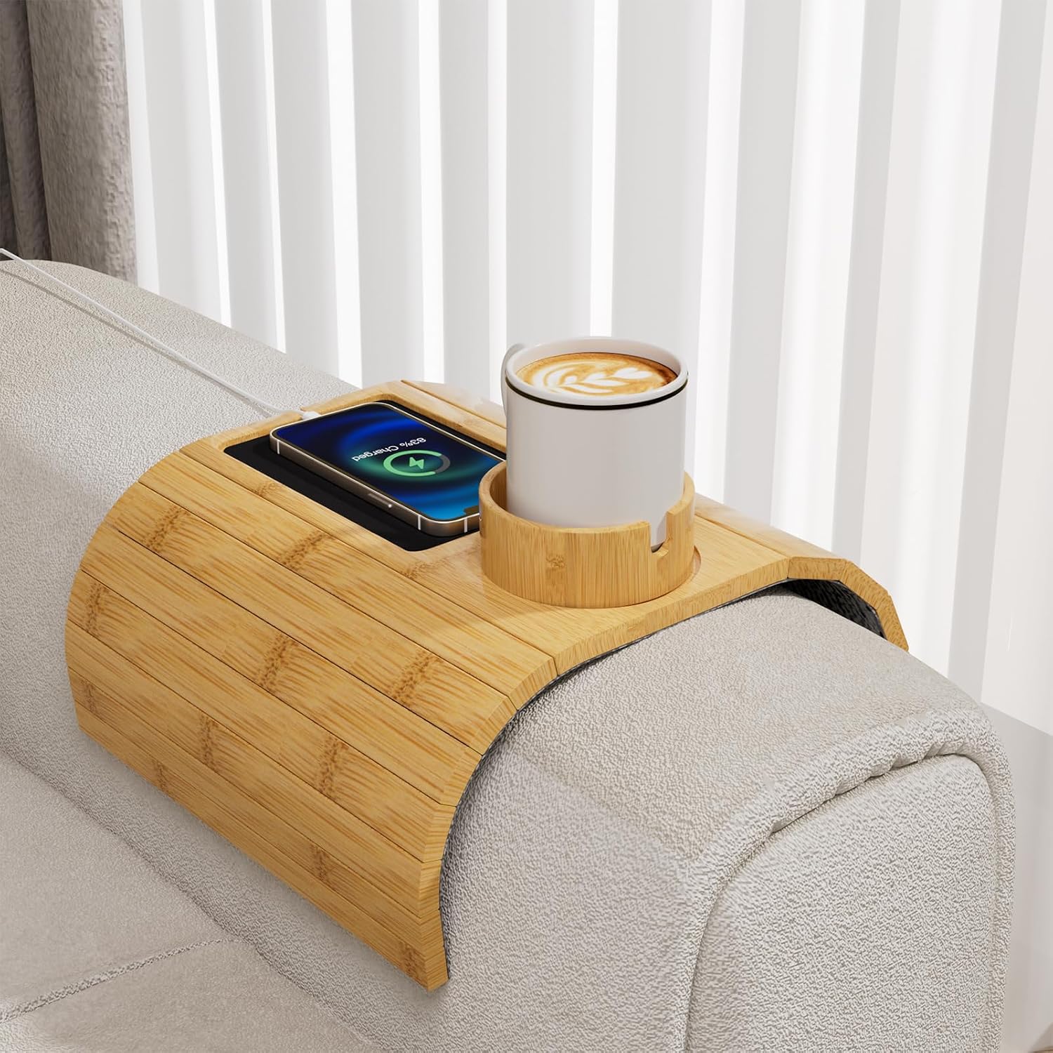 Homde Bamboo Couch Cup Holder Tray with 360° Rotating Cup Holder-Homde