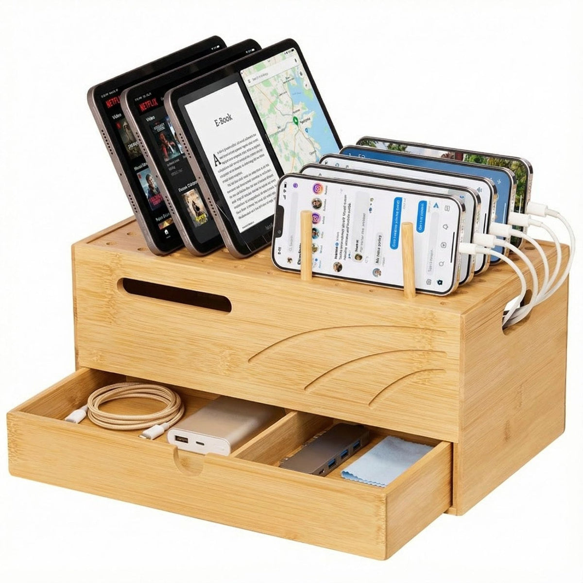 Homde Bamboo Charging Station Organizer with Drawer for Multiple Devices-Natural-2-Homde