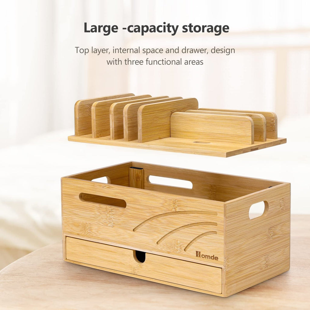 Homde Bamboo Charging Station Organizer with 6 Slots and Drawer-Natural-9-Homde
