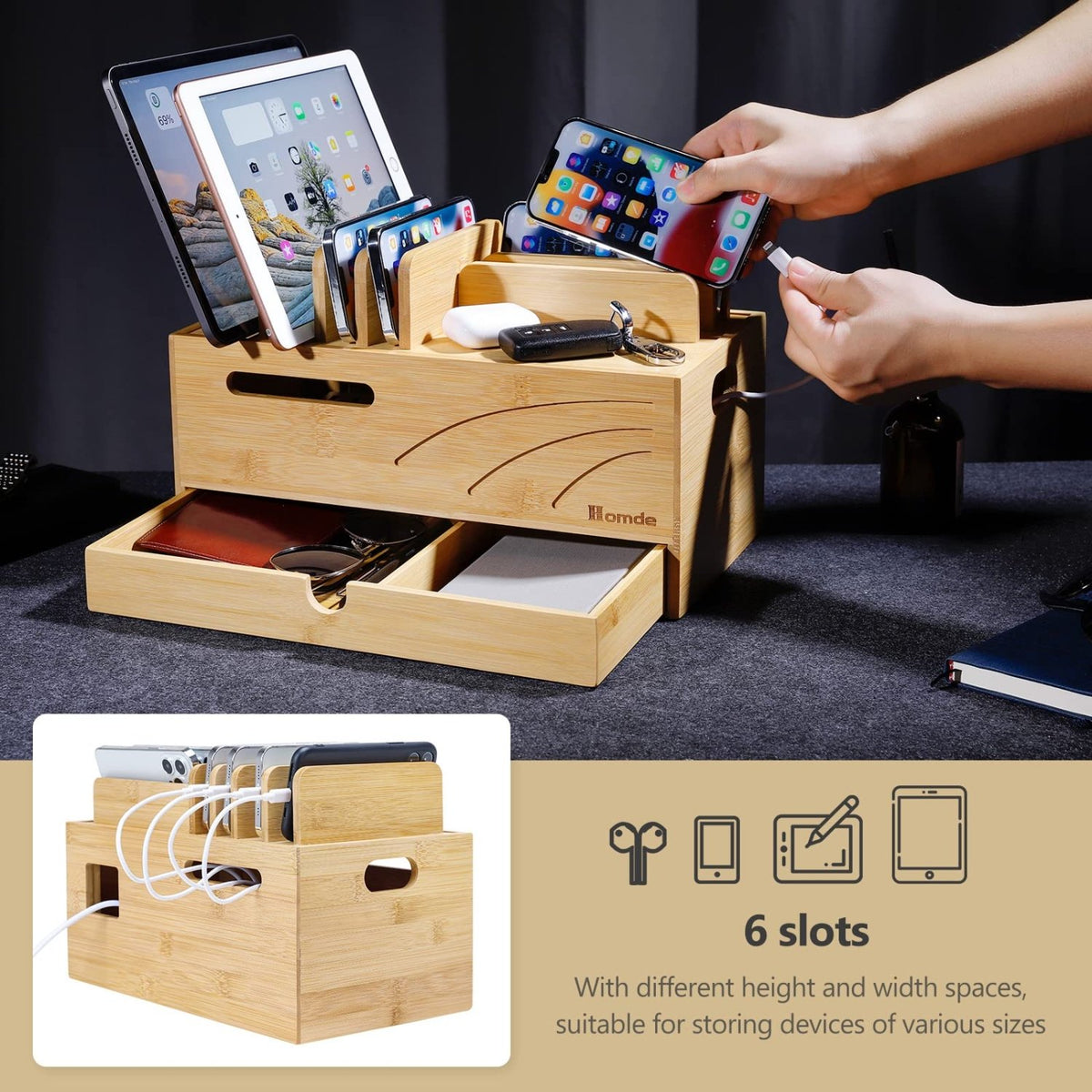Homde Bamboo Charging Station Organizer with 6 Slots and Drawer-Natural-10-Homde