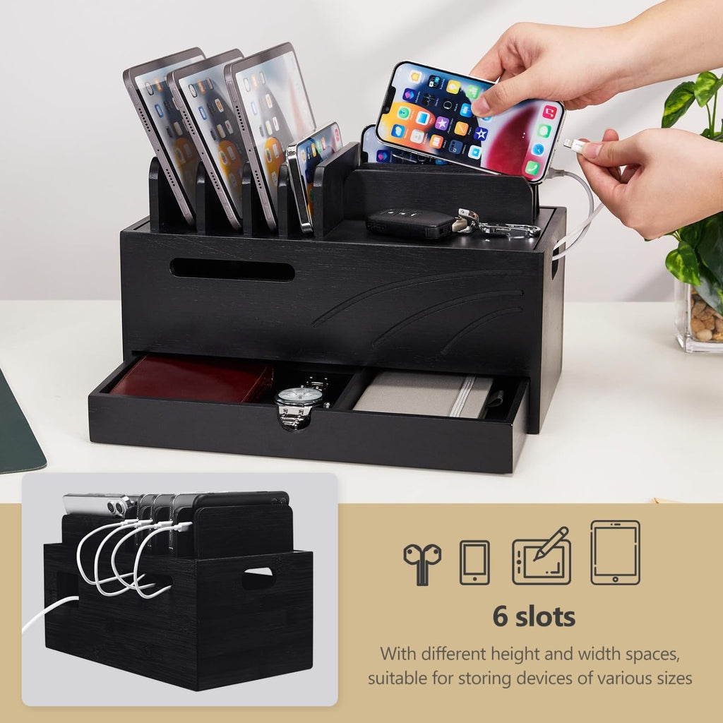 Homde Bamboo Charging Station Organizer with 6 Slots and Drawer-Natural-4-Homde