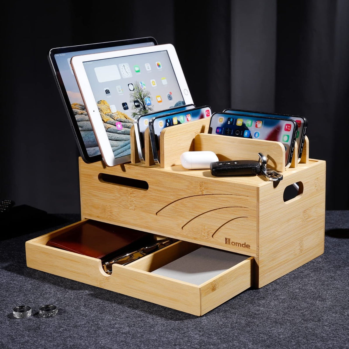 Homde Bamboo Charging Station Organizer with 6 Slots and Drawer-Natural-13-Homde
