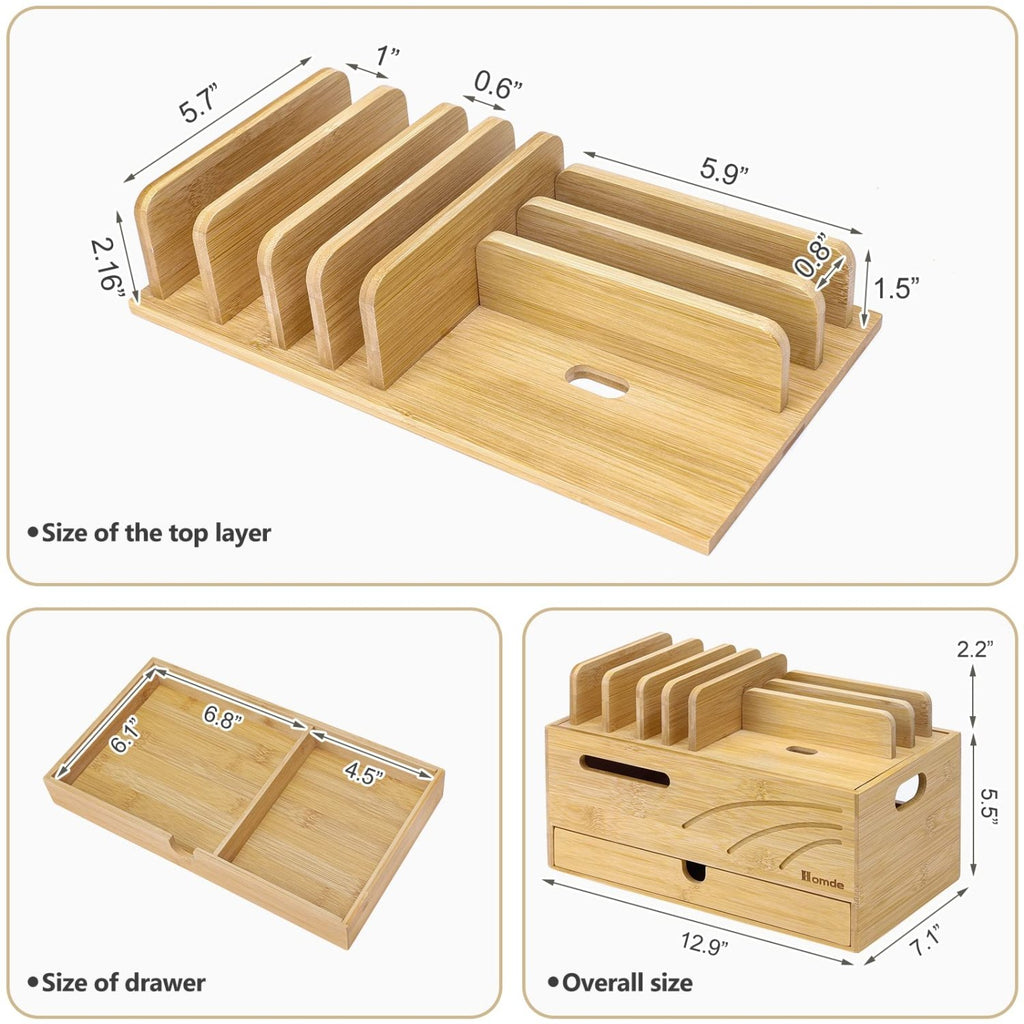 Homde Bamboo Charging Station Organizer with 6 Slots and Drawer-Natural-11-Homde