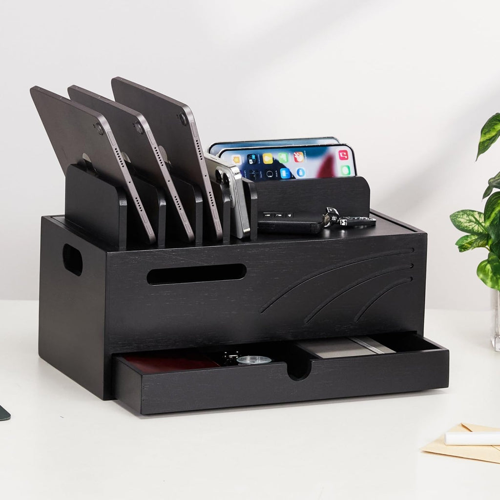 Homde Bamboo Charging Station Organizer with 6 Slots and Drawer-Natural-8-Homde