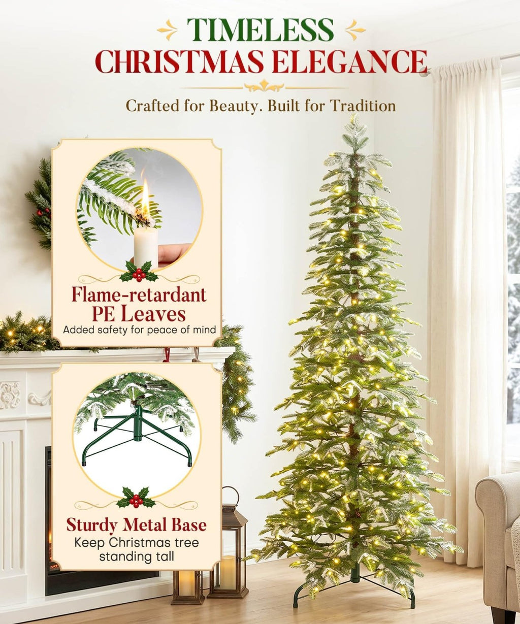 Decoway Pre-Lit Snow Flocked Artificial Christmas Tree with LED Lights-7ft-16-Homde