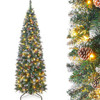 Homde 6FT Pre-Lit Pencil Christmas Tree with Flocked Snow and Pine Cones-Homde
