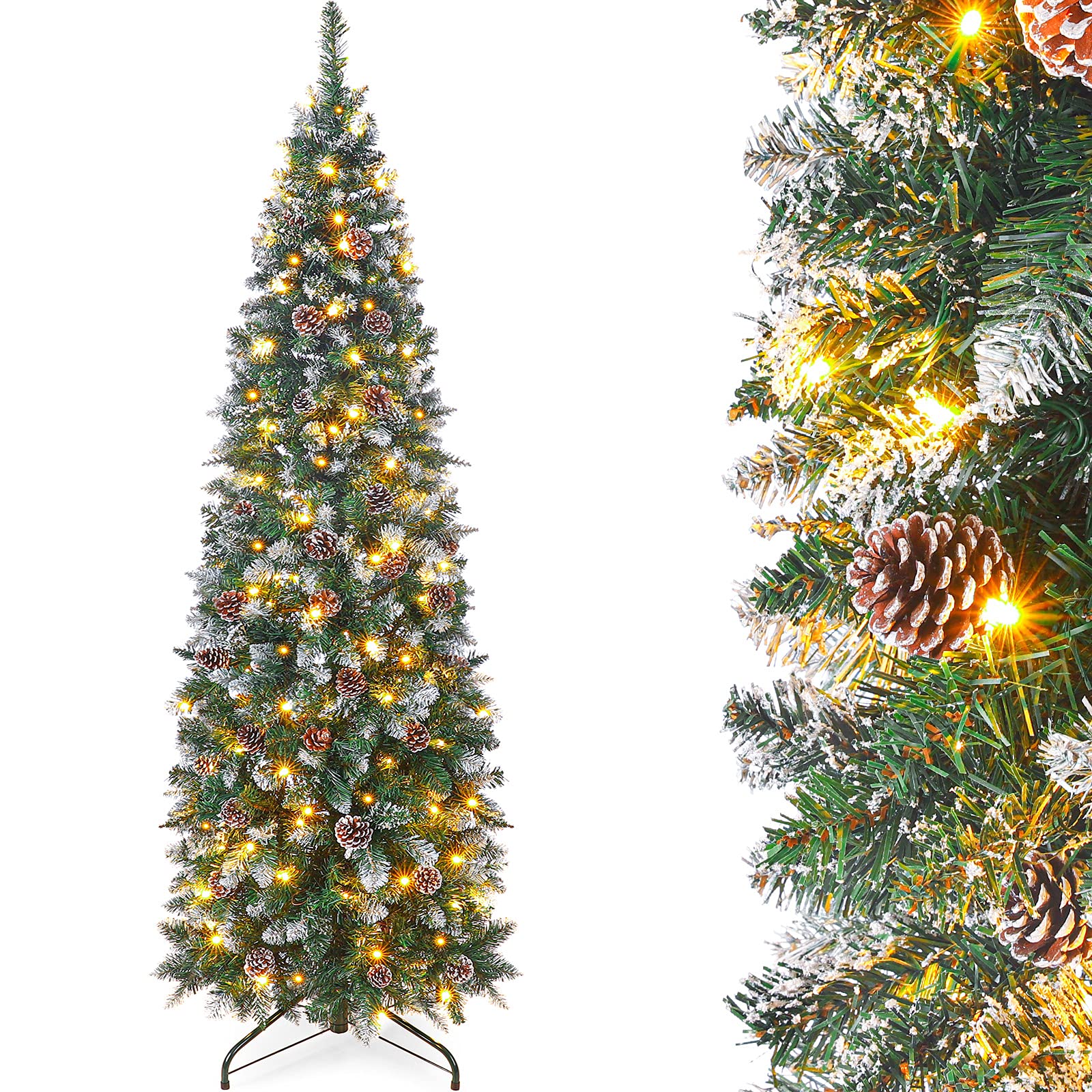 Homde 6FT Pre-Lit Pencil Christmas Tree with Flocked Snow and Pine Cones-Homde