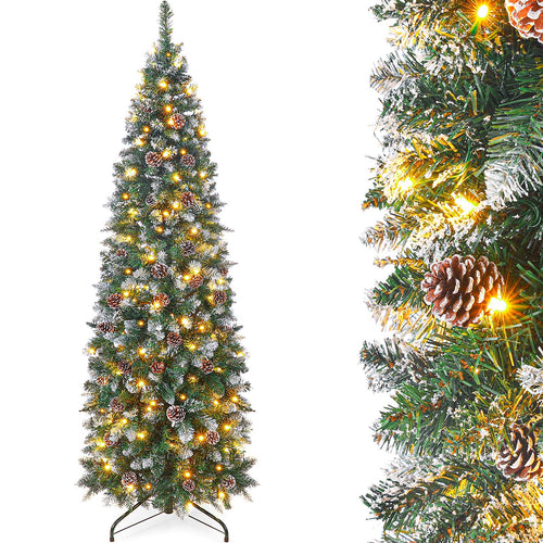 Homde 6FT Pre-Lit Pencil Christmas Tree with Flocked Snow and Pine Cones-Homde