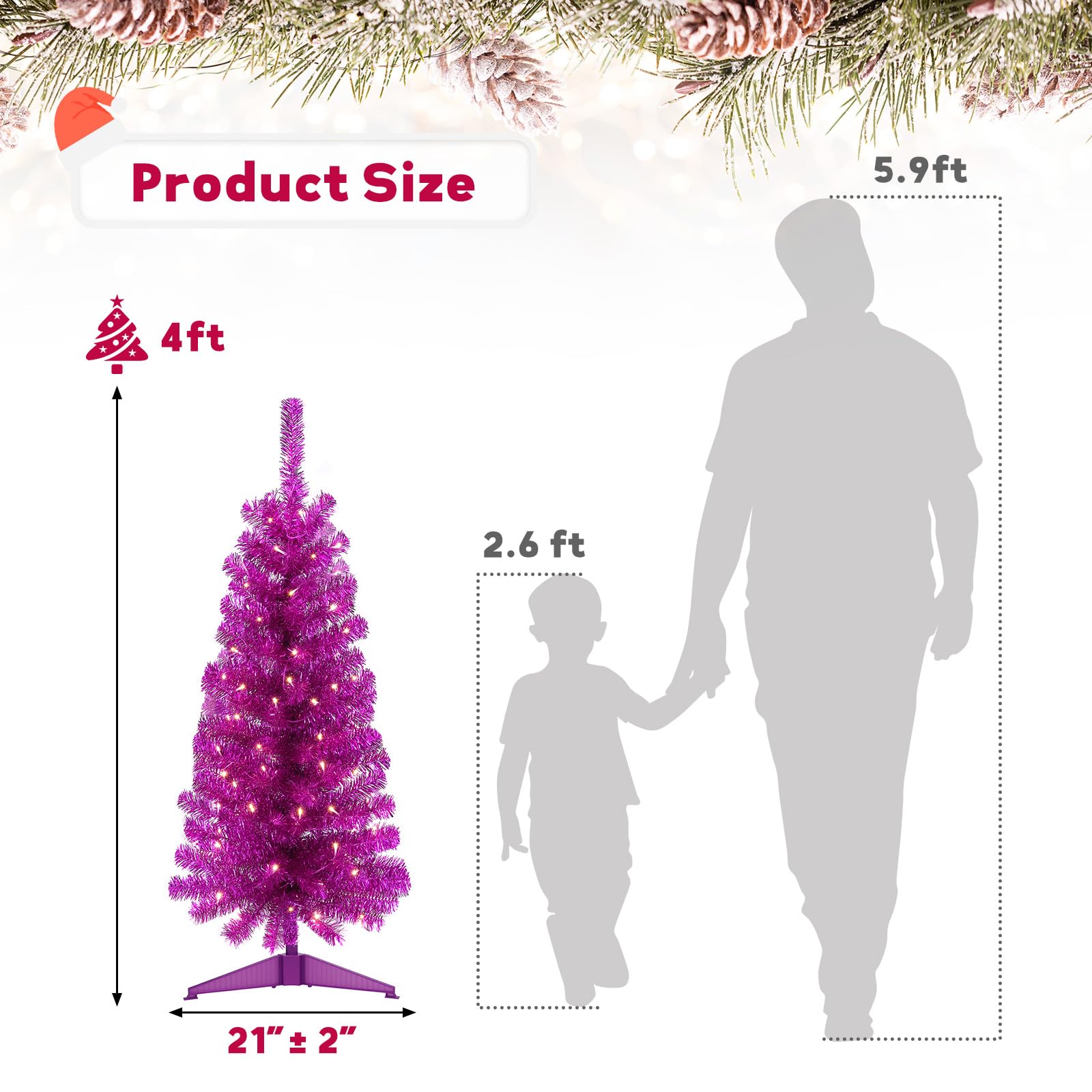 Decoway 4FT Slim Tinsel Pre-Lit Christmas Tree with Warm White LEDs-Homde