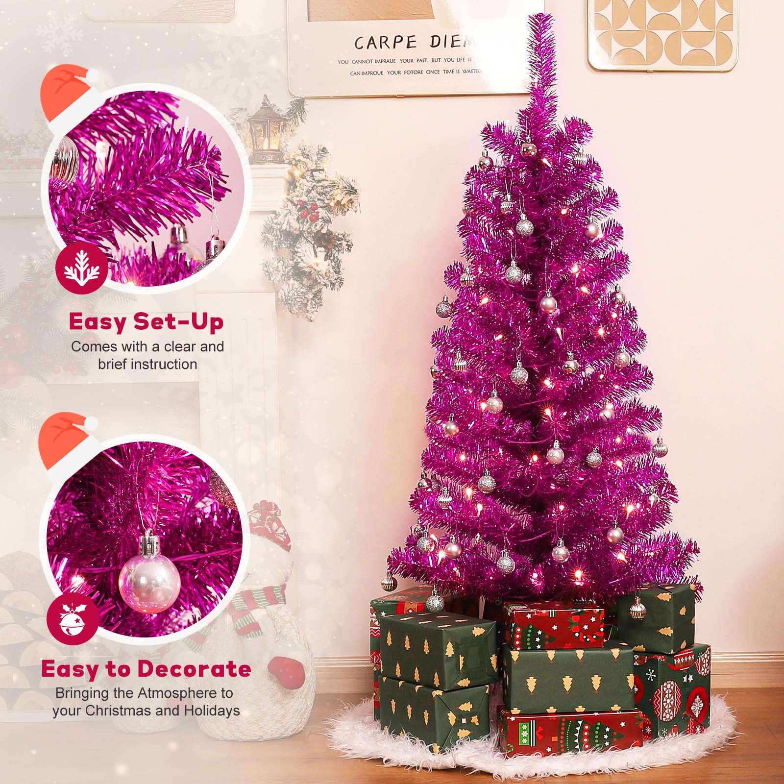 Decoway 4FT Slim Tinsel Pre-Lit Christmas Tree with Warm White LEDs-Homde