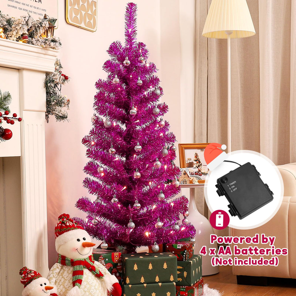 Decoway 4FT Slim Tinsel Pre-Lit Christmas Tree with Warm White LEDs-Homde