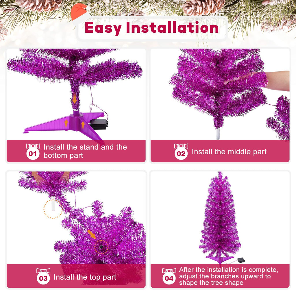 Decoway 4FT Slim Tinsel Pre-Lit Christmas Tree with Warm White LEDs-Homde