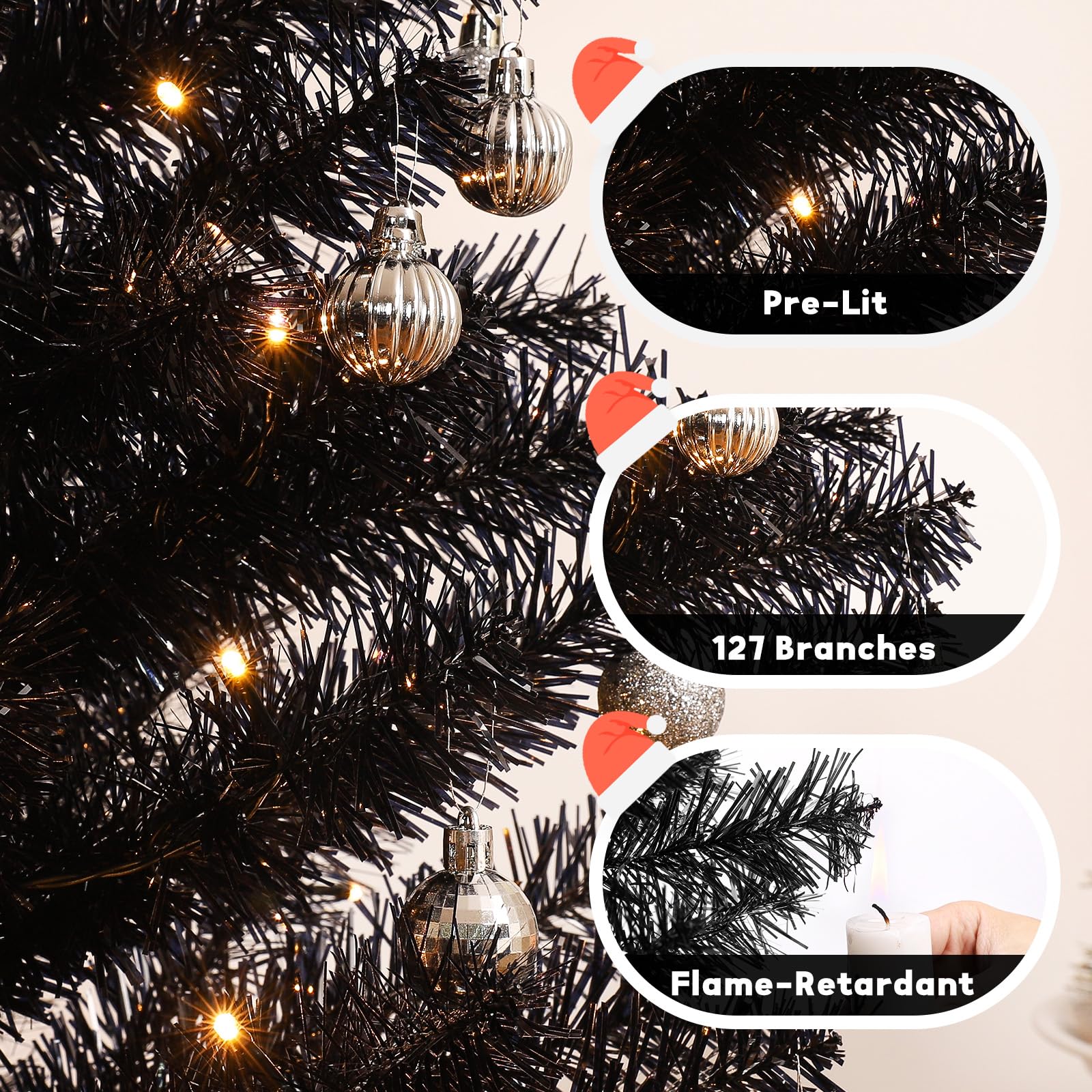 Decoway 4FT Slim Tinsel Pre-Lit Christmas Tree with Warm White LEDs-Homde