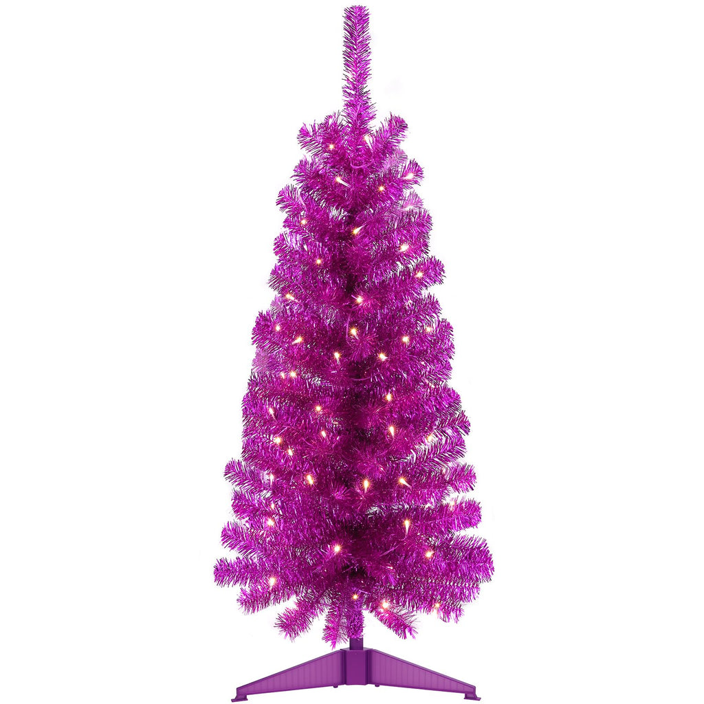 Decoway 4FT Slim Tinsel Pre-Lit Christmas Tree with Warm White LEDs-Homde