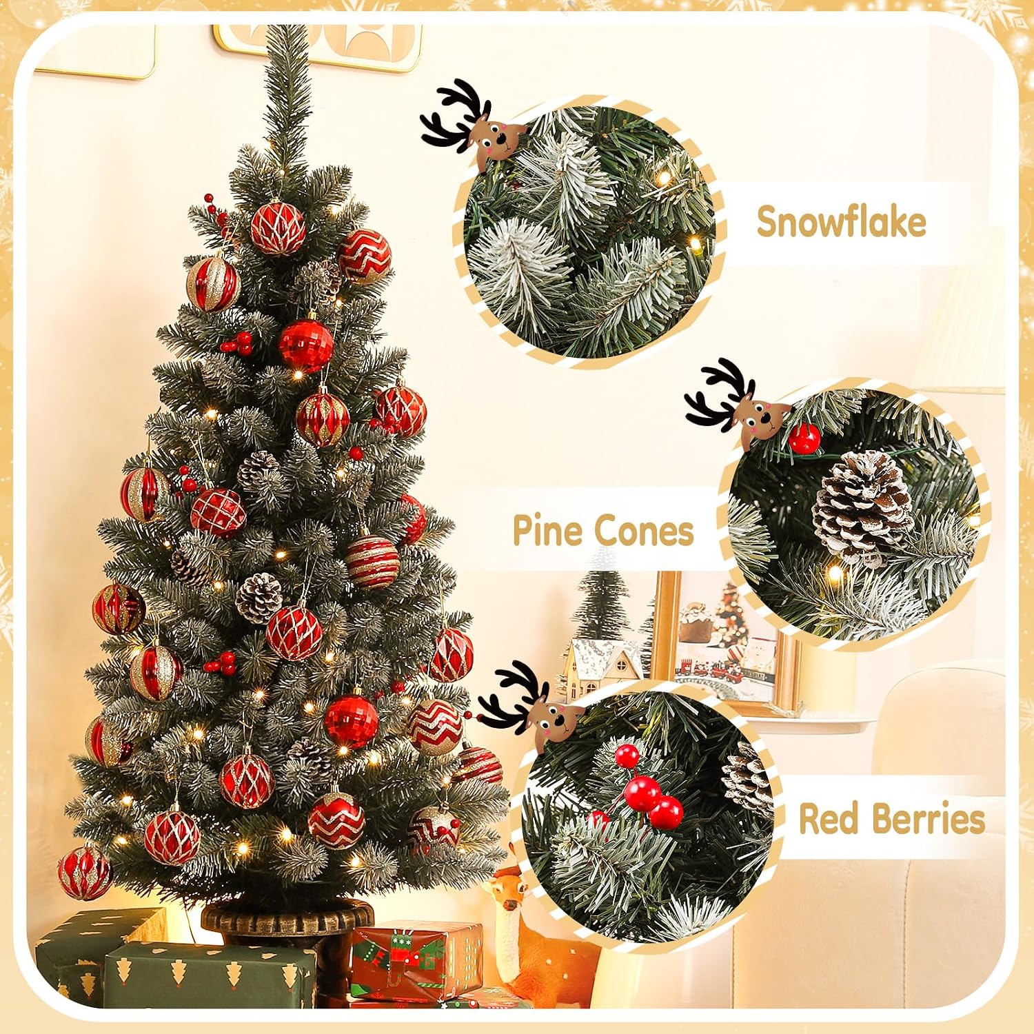 Decoway 4FT Pre-Lit Mini Christmas Tree with Gold Pot Base-Homde