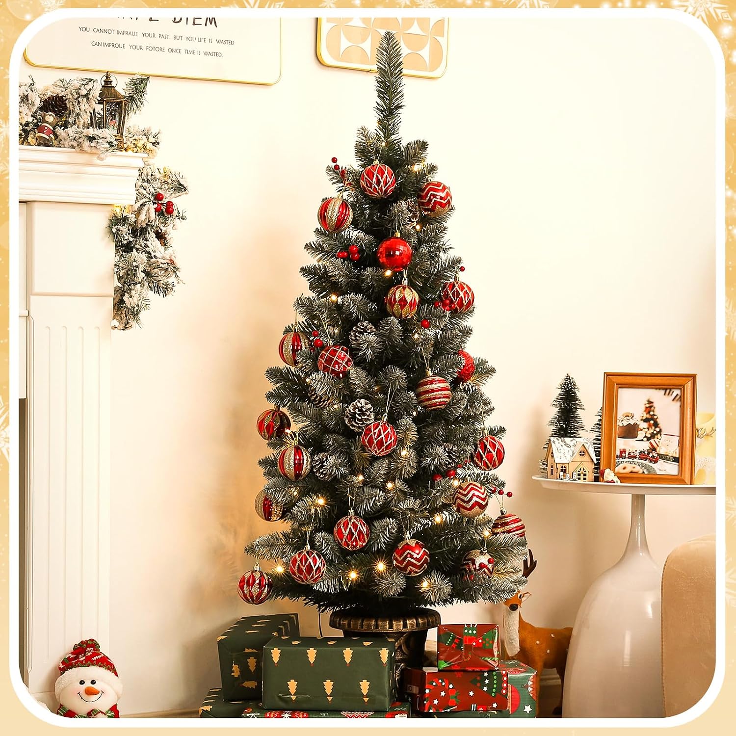 Decoway 4FT Pre-Lit Mini Christmas Tree with Gold Pot Base-Homde