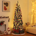 Homde 6FT Pre-Lit Pencil Christmas Tree with Flocked Snow and Pine Cones-Homde