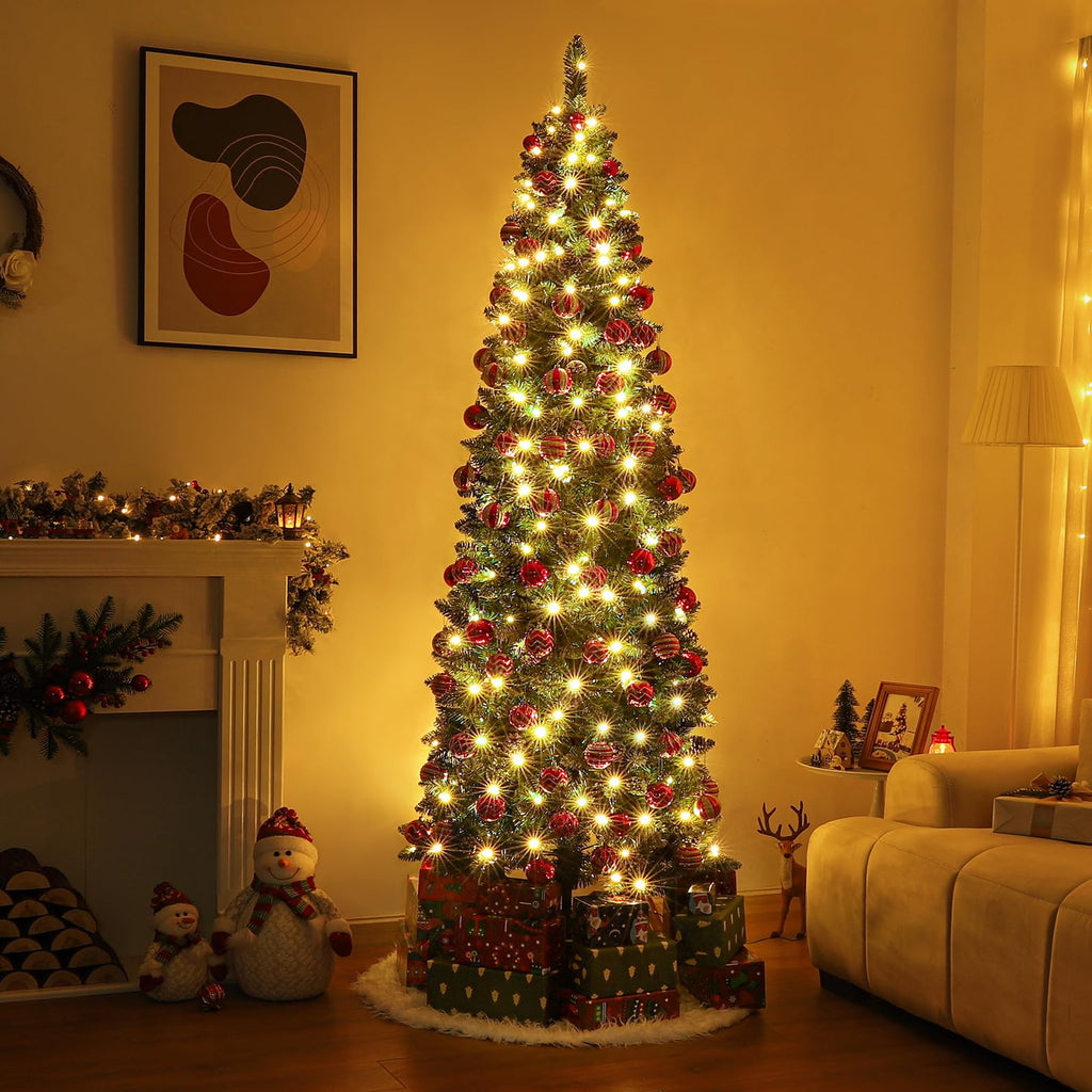 Homde 6FT Pre-Lit Pencil Christmas Tree with Flocked Snow and Pine Cones-Homde