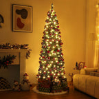 Homde 6FT Pre-Lit Pencil Christmas Tree with Flocked Snow and Pine Cones-Homde