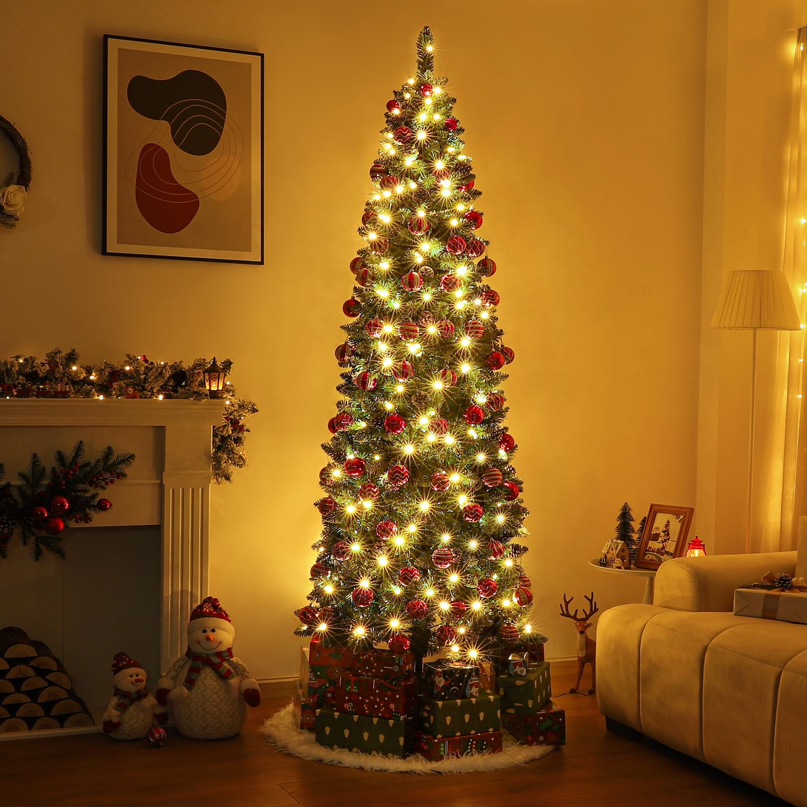 Homde 6FT Pre-Lit Pencil Christmas Tree with Flocked Snow and Pine Cones-Homde