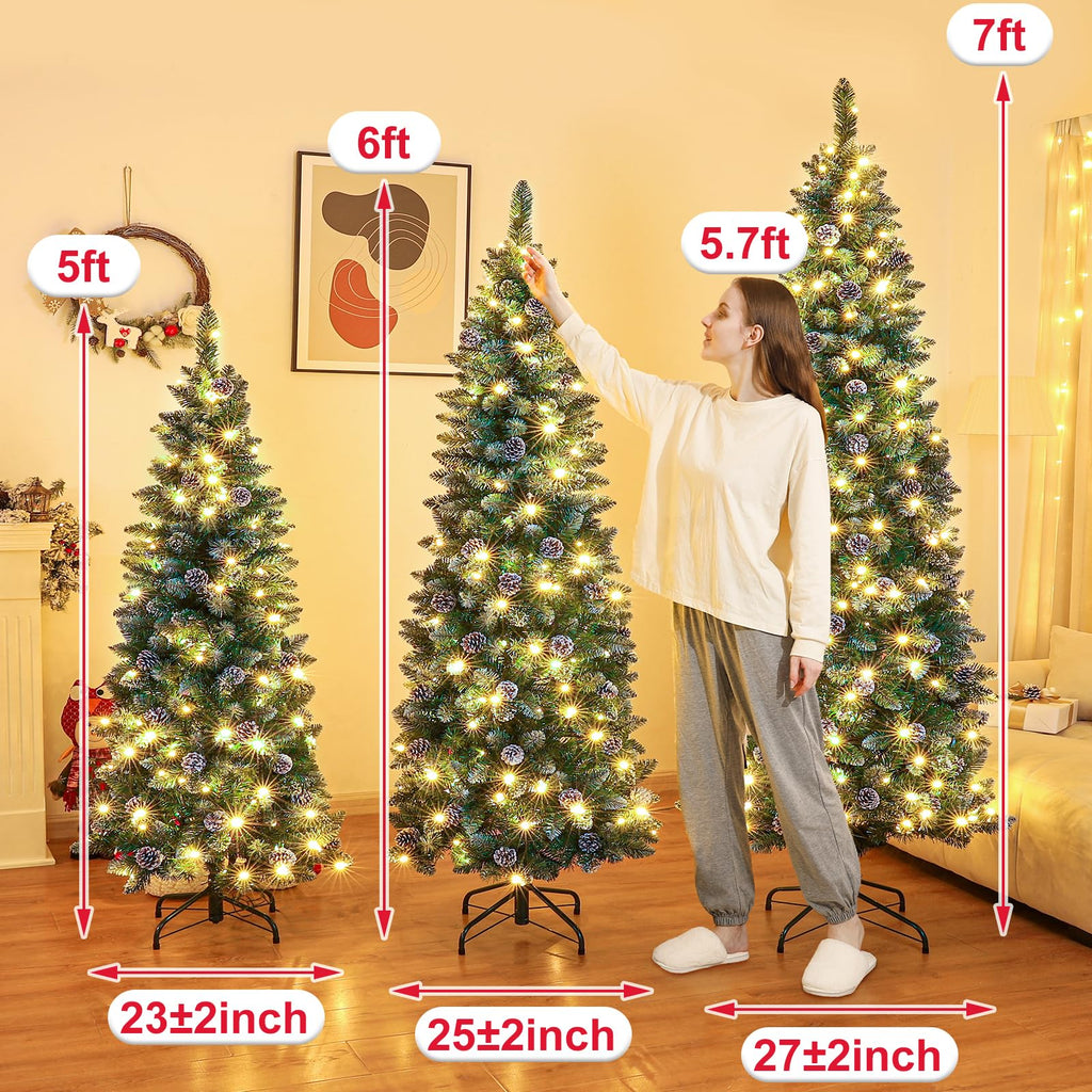 Homde 6FT Pre-Lit Pencil Christmas Tree with Flocked Snow and Pine Cones-Homde