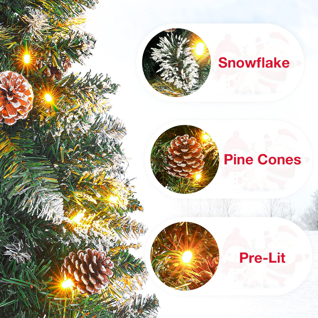 Homde 6FT Pre-Lit Pencil Christmas Tree with Flocked Snow and Pine Cones-Homde