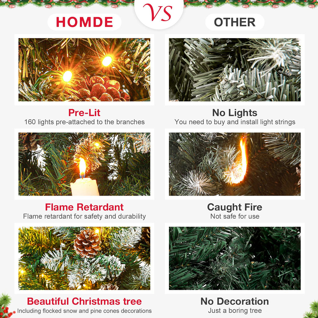 Homde 6FT Pre-Lit Pencil Christmas Tree with Flocked Snow and Pine Cones-Homde