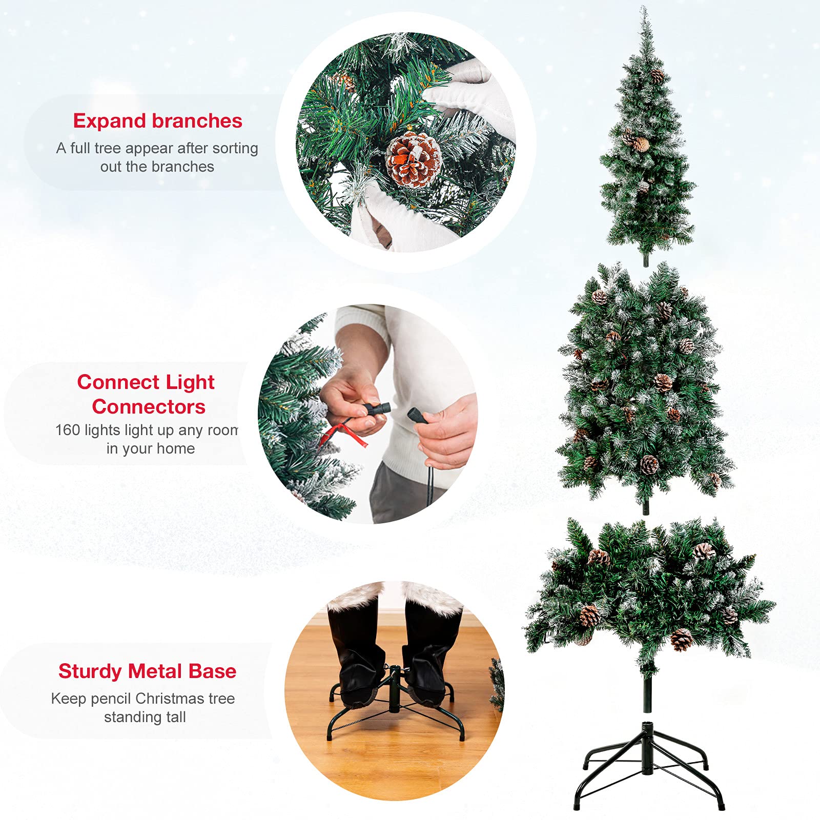 Homde 6FT Pre-Lit Pencil Christmas Tree with Flocked Snow and Pine Cones-Homde
