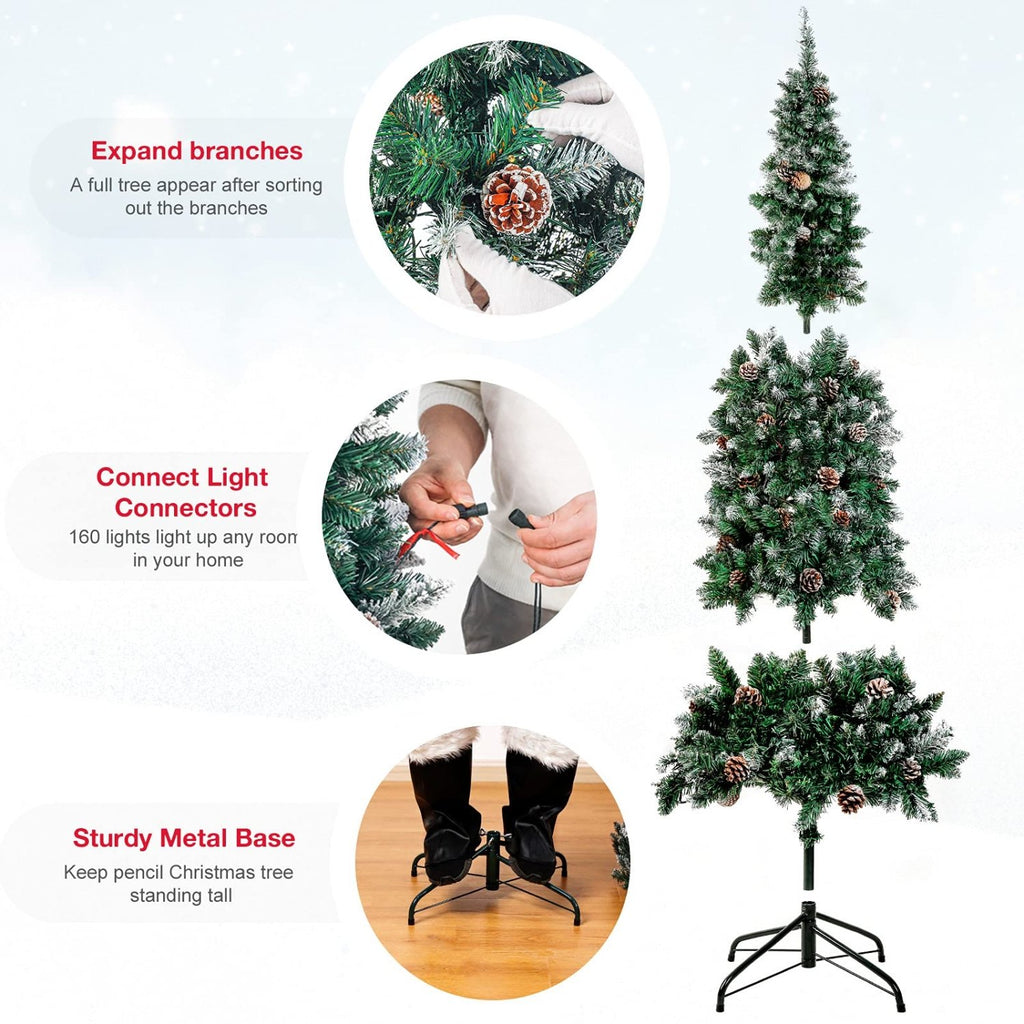 Homde 6FT Pre-Lit Pencil Christmas Tree with Flocked Snow and Pine Cones-5ft 11in-7-Homde
