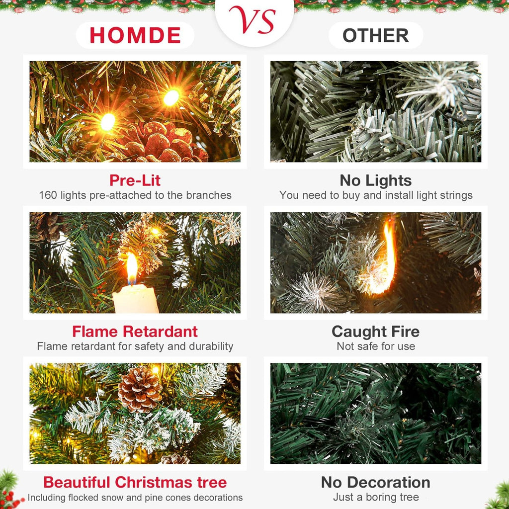 Homde 6FT Pre-Lit Pencil Christmas Tree with Flocked Snow and Pine Cones-5ft 11in-6-Homde