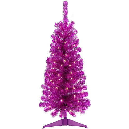 Decoway 4FT Slim Tinsel Pre-Lit Christmas Tree with Warm White LEDs-Purple-1-Homde