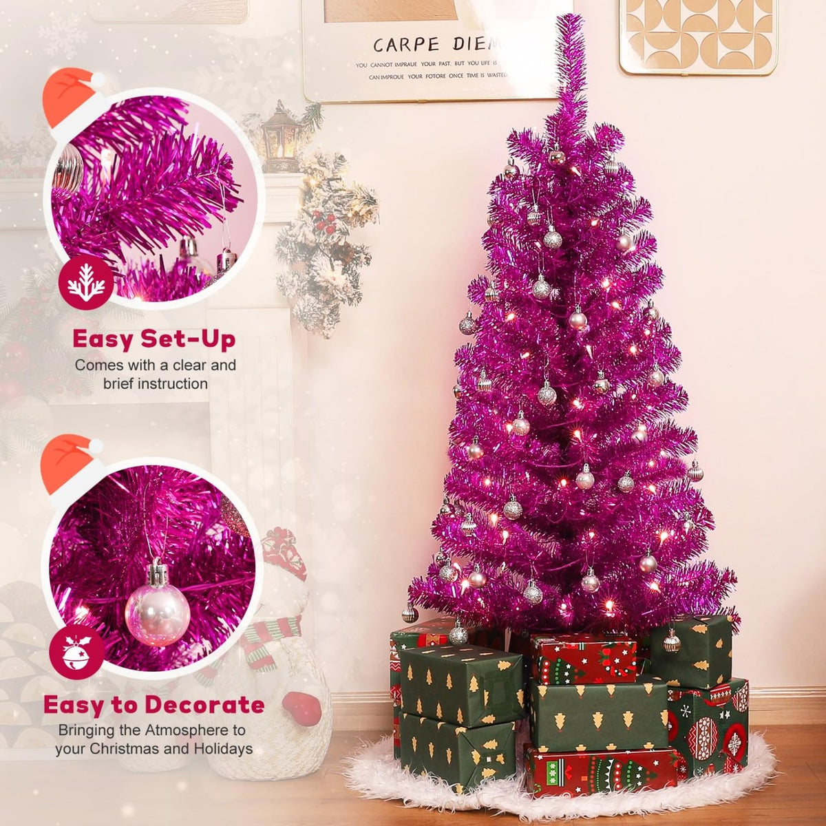 Decoway 4FT Slim Tinsel Pre-Lit Christmas Tree with Warm White LEDs-Black-13-Homde