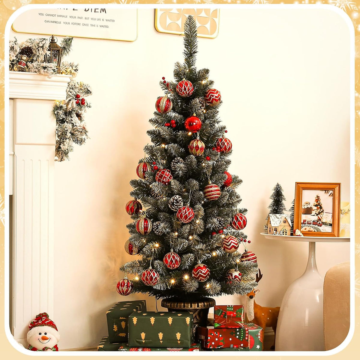 Decoway 4FT Pre-Lit Mini Christmas Tree with Gold Pot Base - 7-Homde