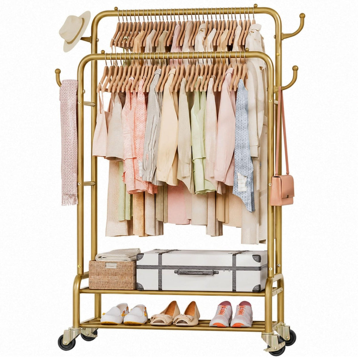 Homde Heavy Duty Double Rod Clothes Rack with Wheels and Storage Shelves-30"-1-Homde