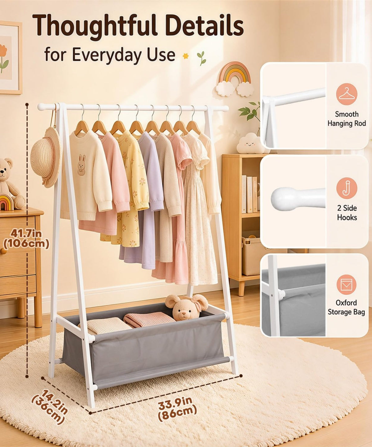Homde Kids Bamboo Clothes Rack with Storage Bag and Side Hooks-Pink-15-Homde