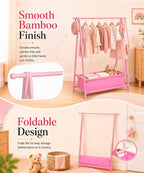 Homde Kids Bamboo Clothes Rack with Storage Bag and Side Hooks-Pink-24-Homde