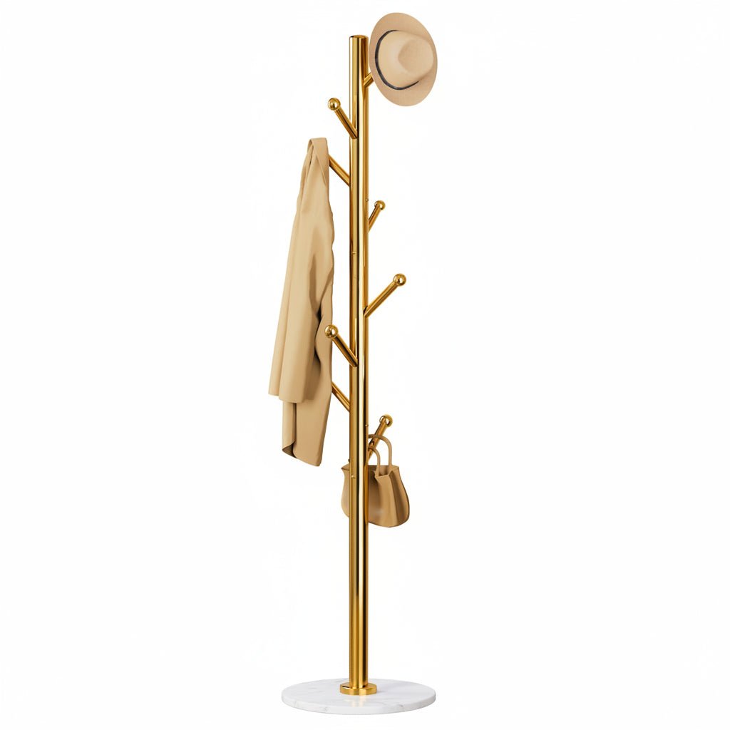Homde Metal Coat Rack Stand with Natural Marble Base and 8 Hooks-Gold-1-Homde
