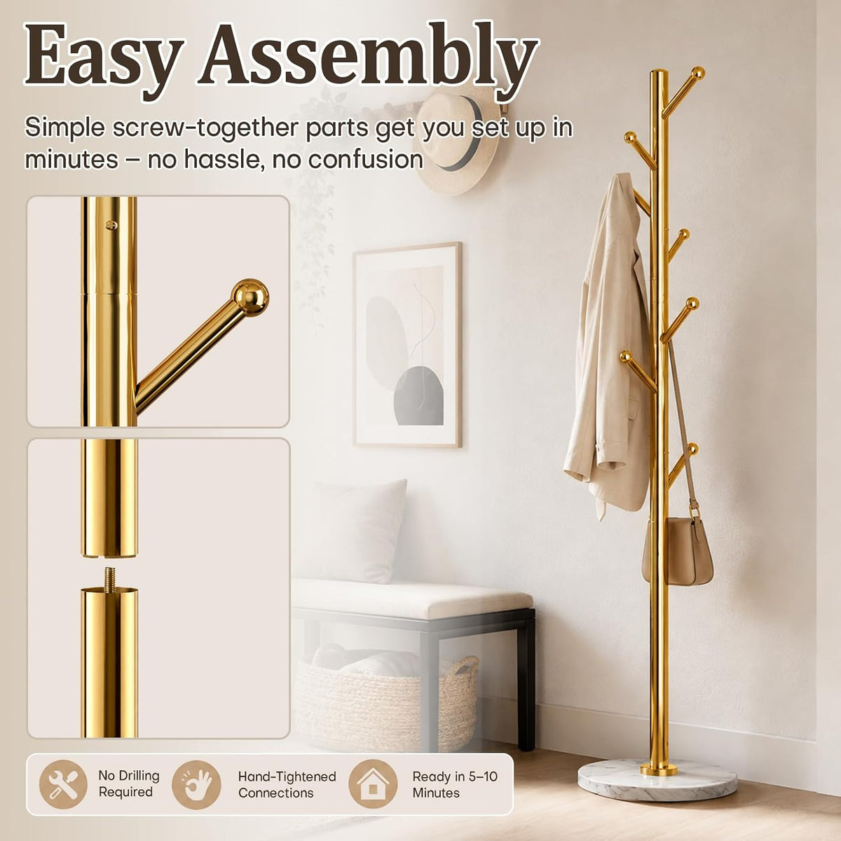 Homde Metal Coat Rack Stand with Natural Marble Base and 8 Hooks-Silver-13-Homde