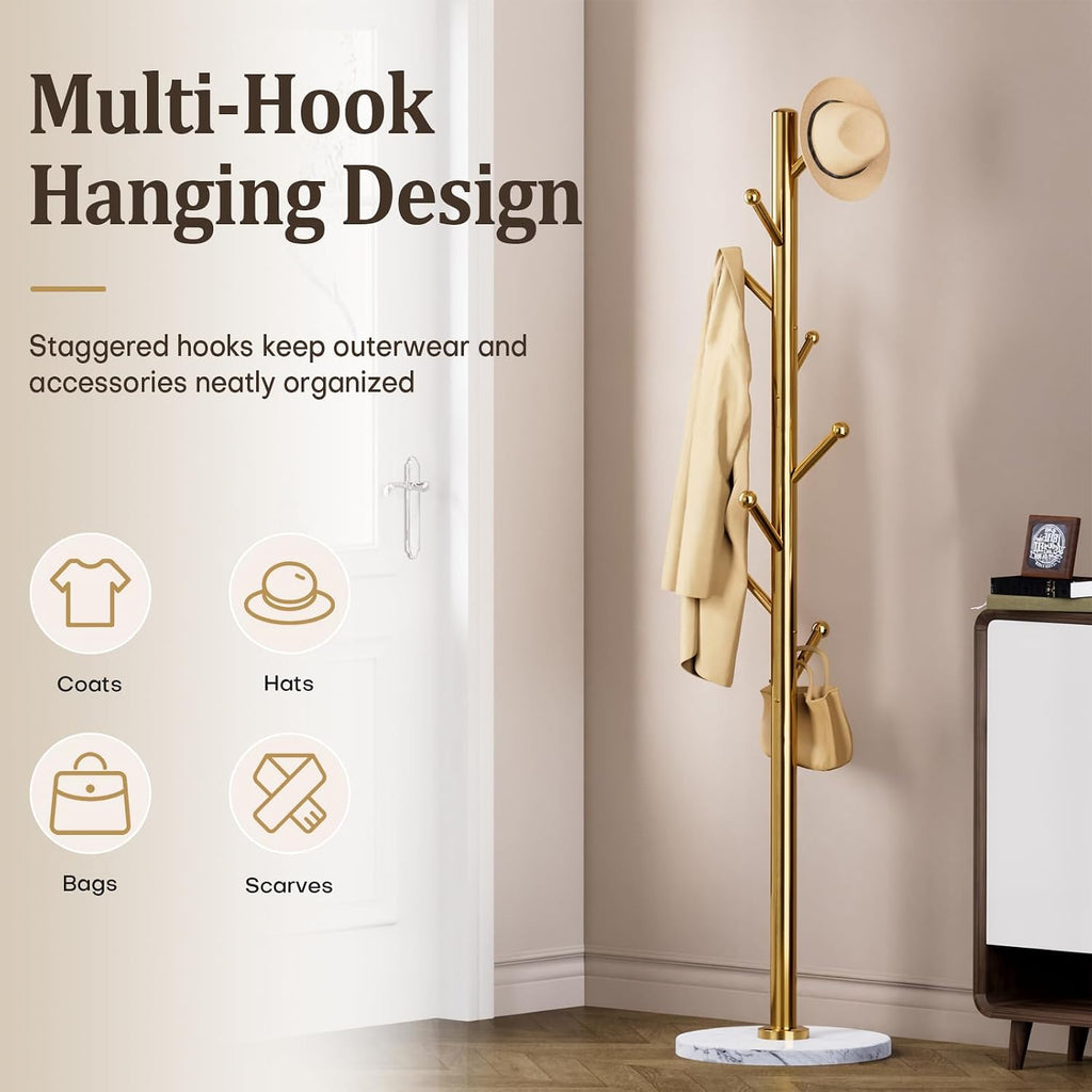 Homde Metal Coat Rack Stand with Natural Marble Base and 8 Hooks-Silver-10-Homde