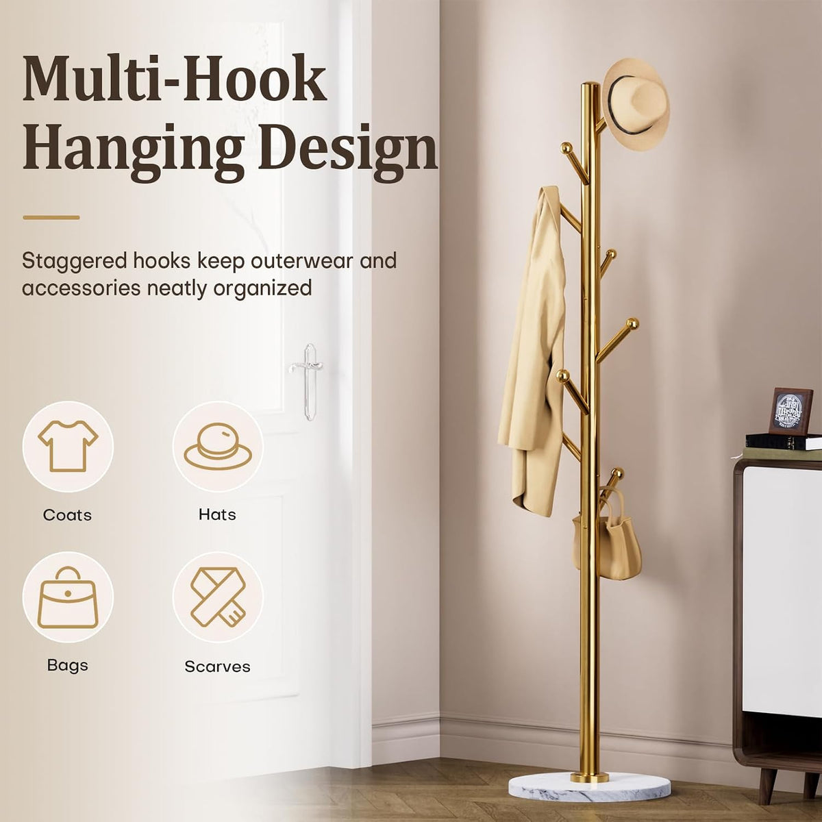 Homde Metal Coat Rack Stand with Natural Marble Base and 8 Hooks-Silver-10-Homde