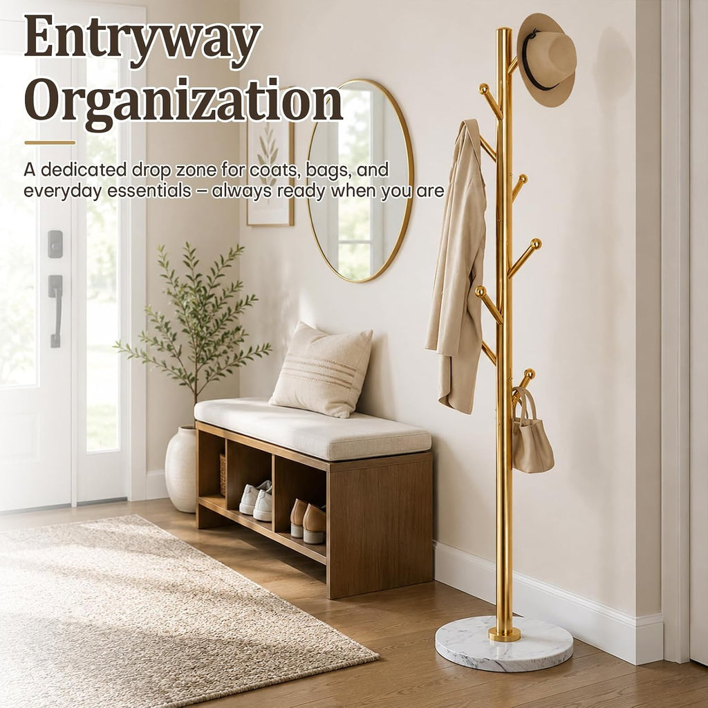 Homde Metal Coat Rack Stand with Natural Marble Base and 8 Hooks-Silver-14-Homde