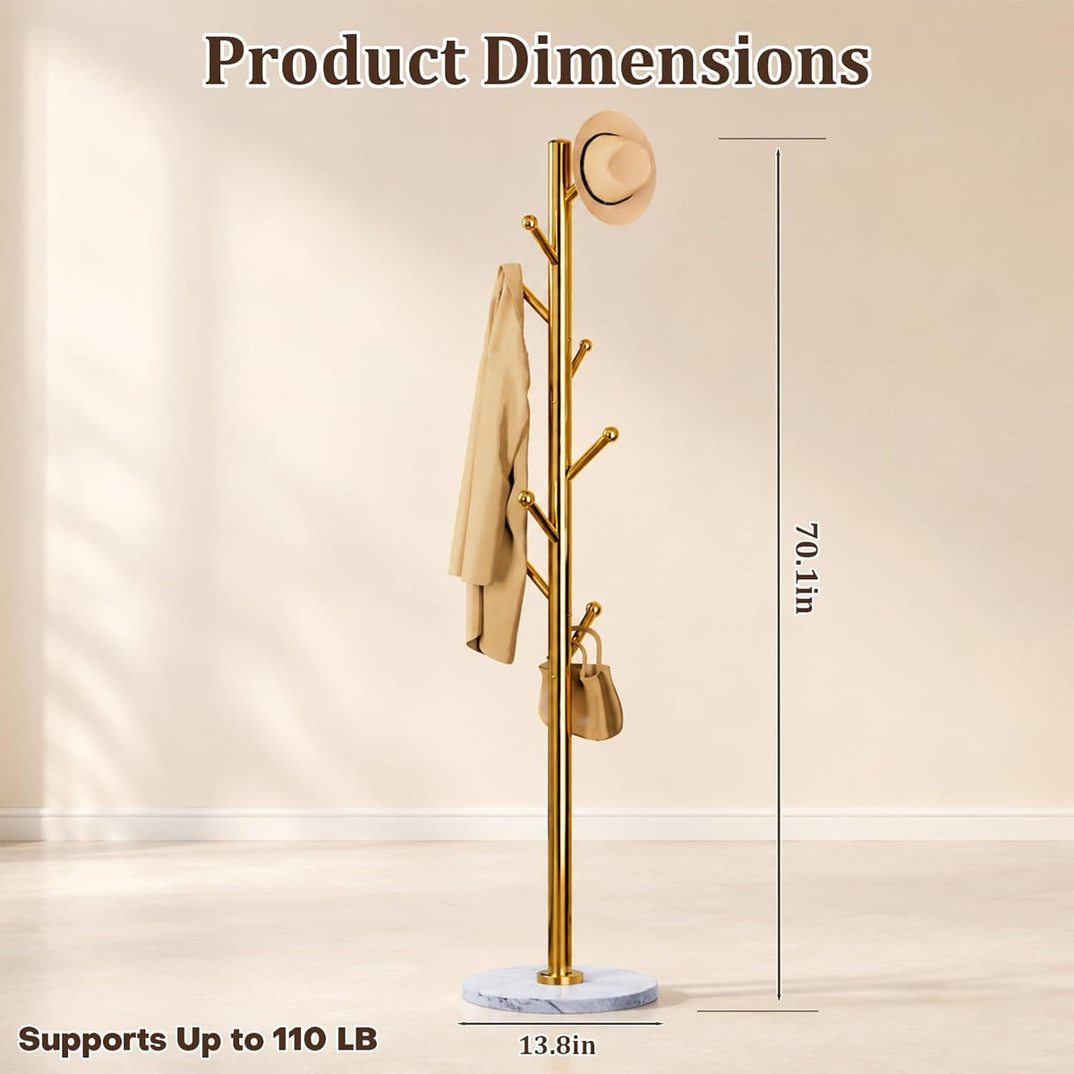 Homde Metal Coat Rack Stand with Natural Marble Base and 8 Hooks-Silver-8-Homde