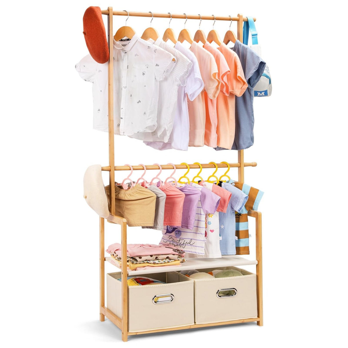Kids Bamboo Clothing Rack with 2 Storage Baskets and Adjustable Rods-Natural-2-Homde